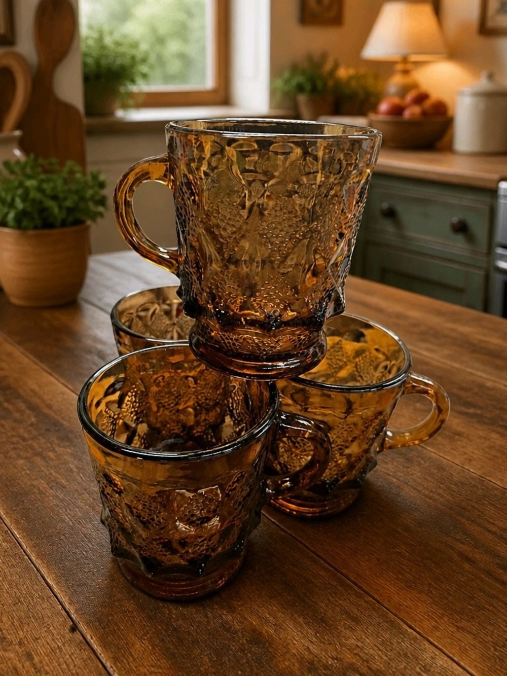 Amber Glass Mug - Textured Vintage-Style Set Of 4